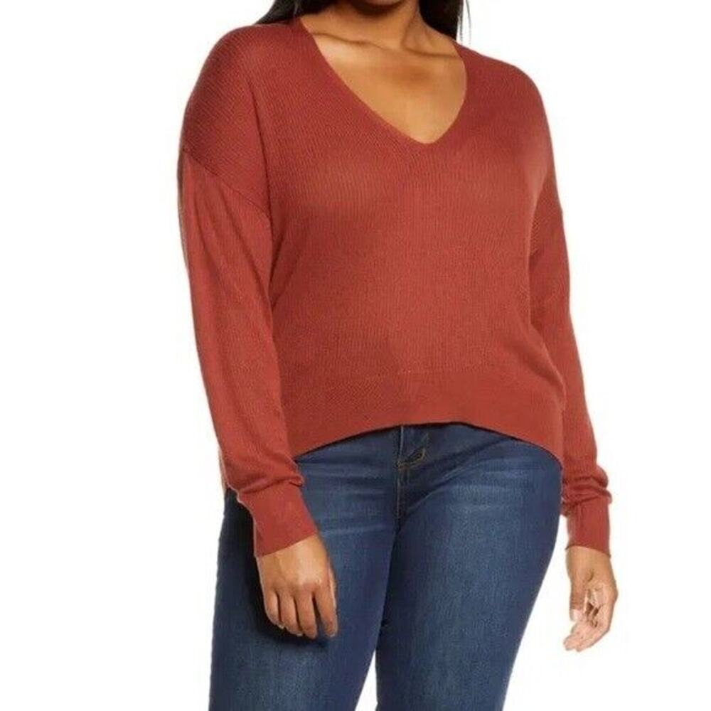 BP. Women's V-Neck Lightweight Cotton Blend Sweater in Brown Henna Medium $39‎
